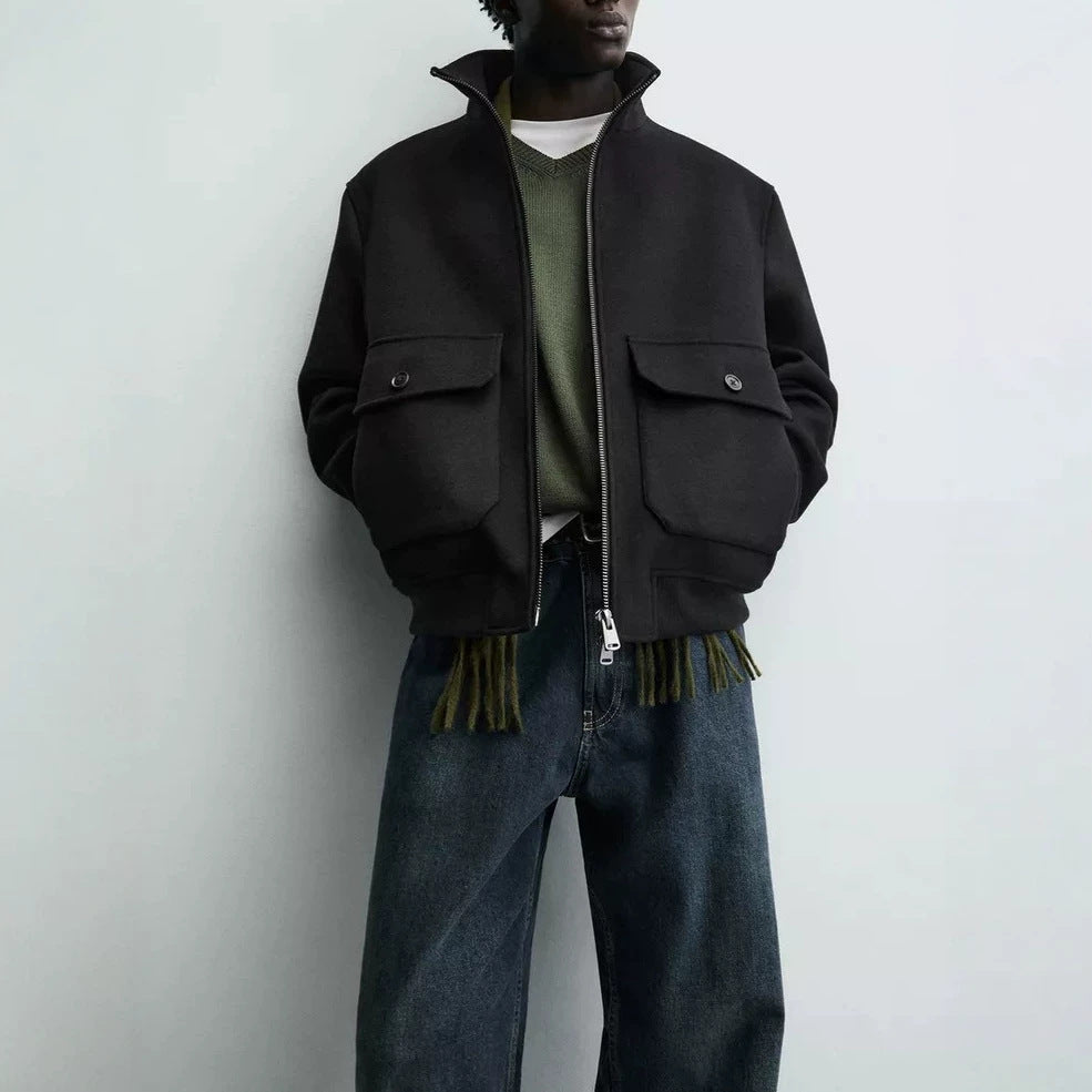 Men's short wool bomber jacket with high stand-up collar and patch flap pockets Amarae