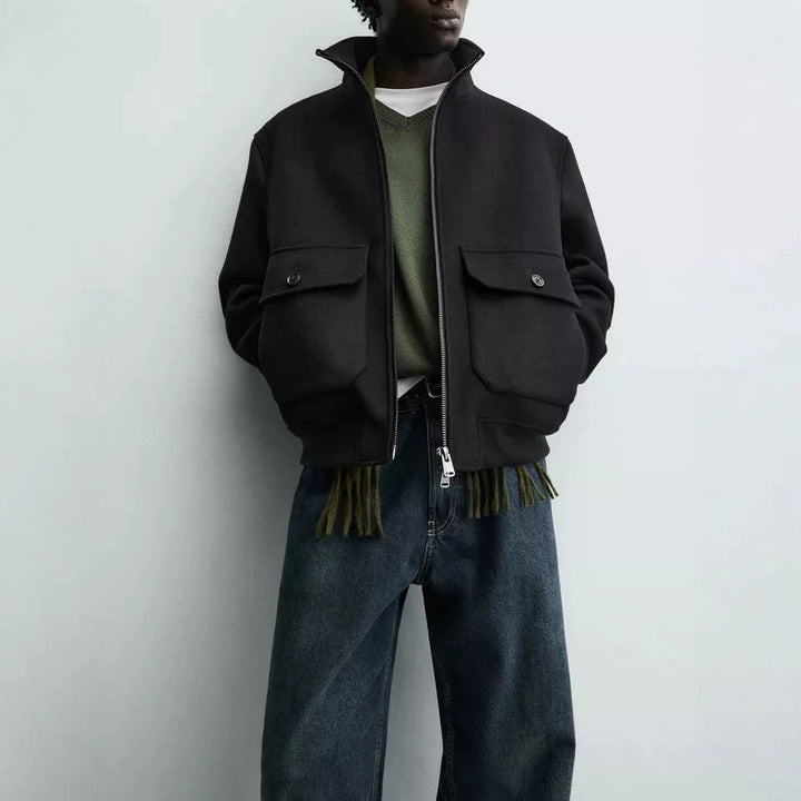 Men's short wool bomber jacket with high stand-up collar and patch flap pockets Amarae