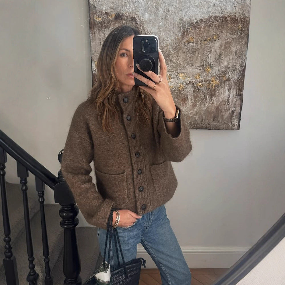 Women's short jacket made of fluffy mohair mix with button placket & patch pockets Amarae
