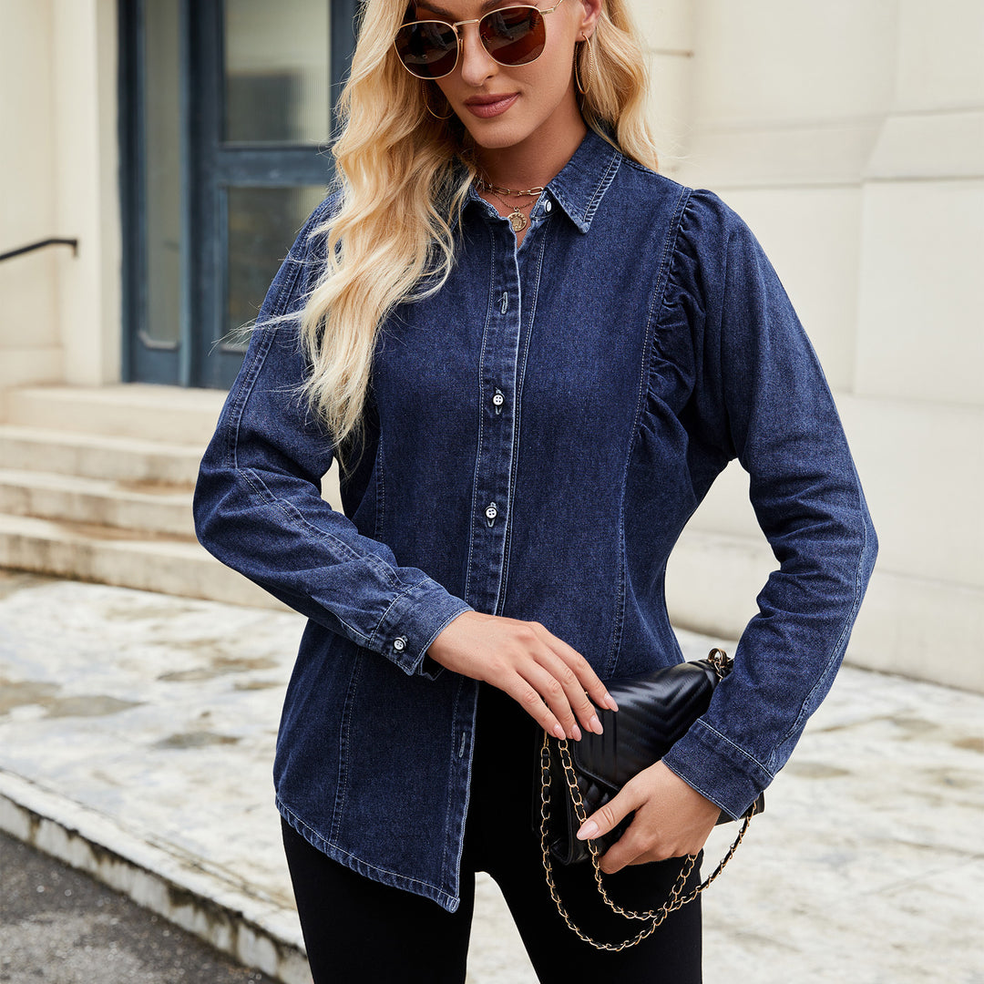 Denim blouse for women with ruffle details and a fitted cut Lune London
