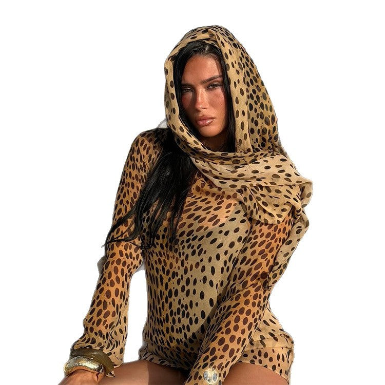 Women's Transparent Chiffon Blouse with Long Shawl Collar and Animal Print Amarae