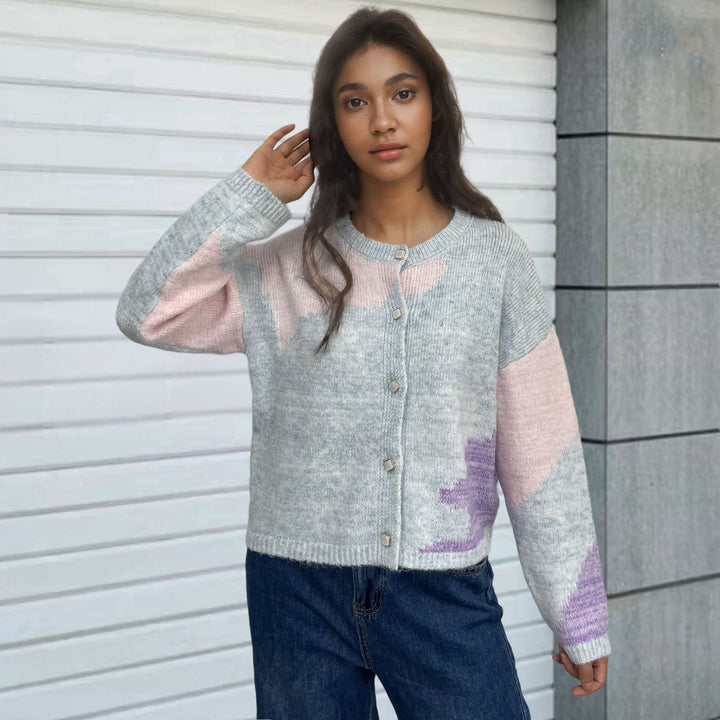 Ladies Chunky Knit Cardigan with Modern Color Block Elements Lune London