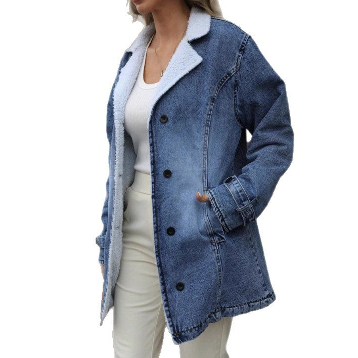 Women's Oversized Denim Jacket with Teddy Lining, Button Placket and Patch Pockets Amarae