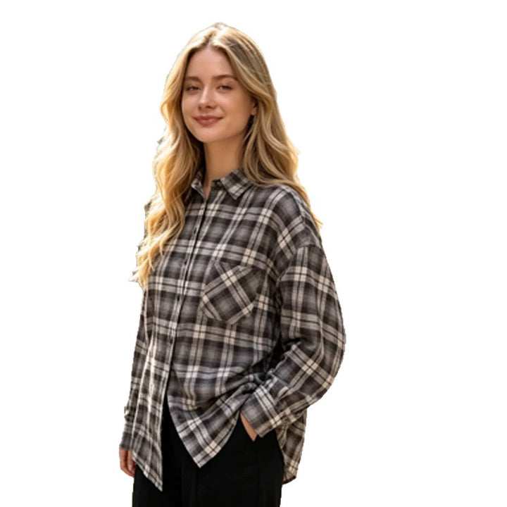 Women's Oversized Flannel Shirt with Check Pattern, Patch Chest Pocket and Rounded Hem Amarae
