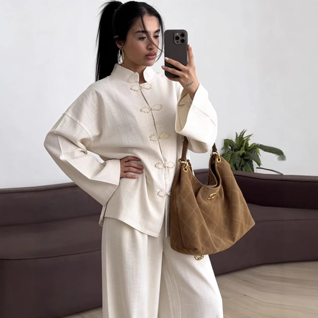 Women's Oversized Chinese Collar Blouse with Traditional Knot Closures and Wide Sleeves Amarae