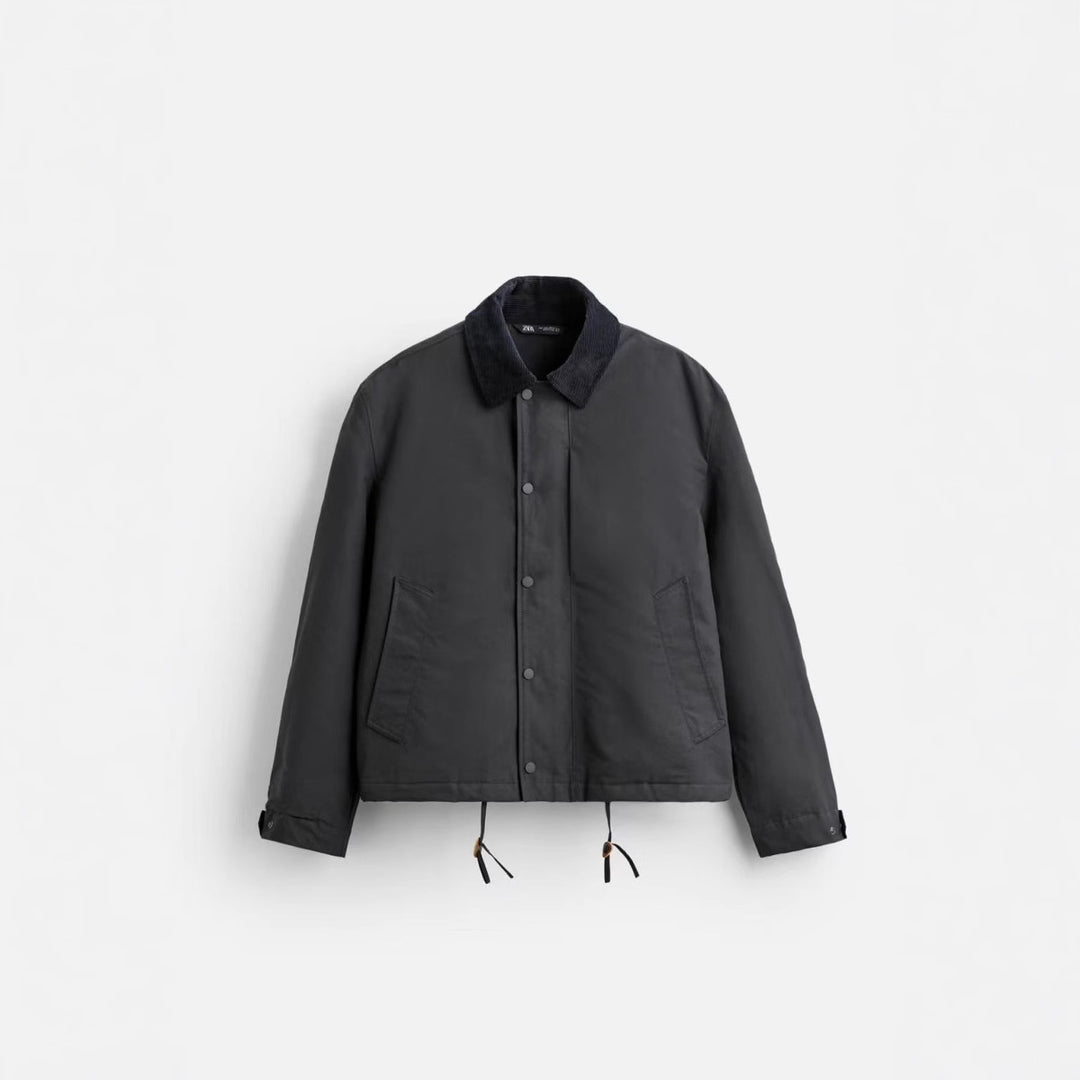 Men's short jacket with corduroy collar, snap button placket, and drawstring hem Amarae