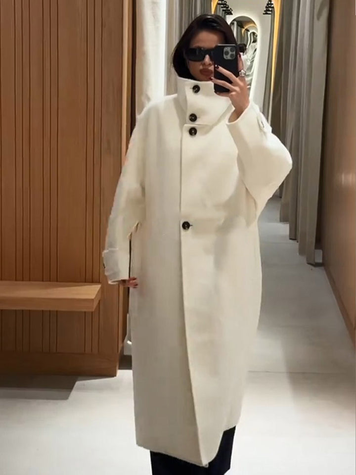 Women Oversize Wool Blend Coat with Asymmetrical Cut and High Stand-Up Collar Amarae