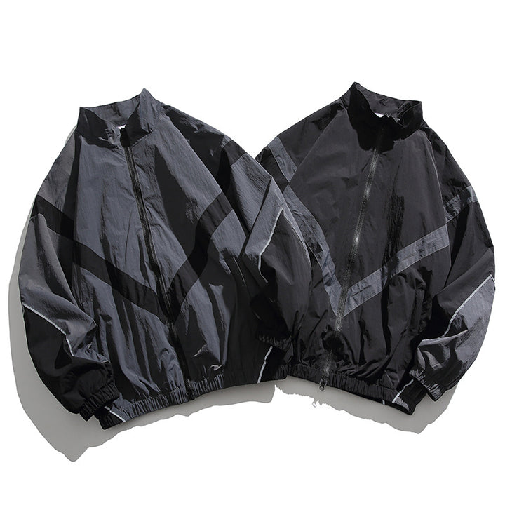 [Unisex] Oversize technical wind and rain jacket with stand-up collar, reflective piping, and elastic hem Amarae