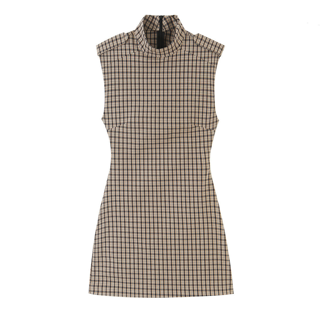 Women's Fitted Sleeveless Mini Dress with Stand Collar and Check Pattern Amarae