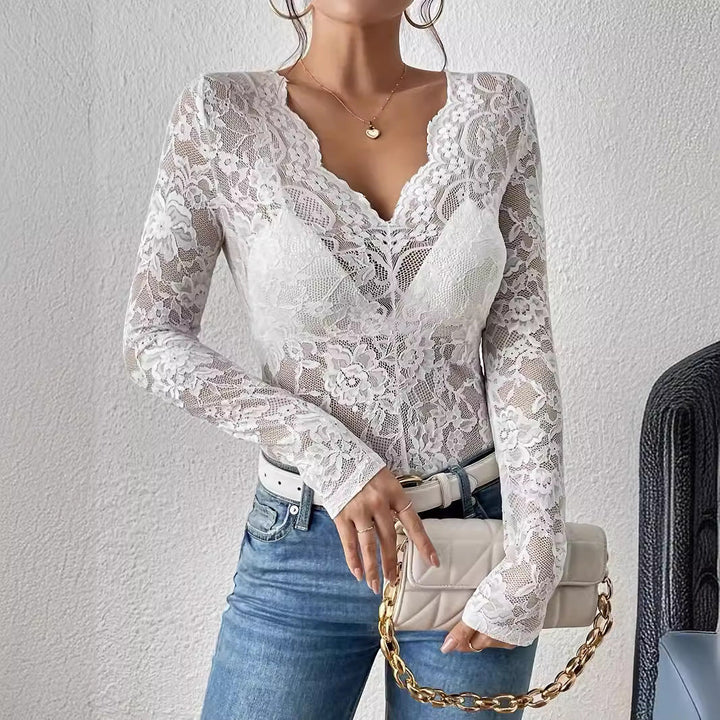 Ladies Lace Bodysuit with V-Neck and Long Sleeves Lune London