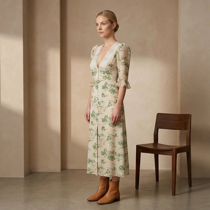 Women Floral Midi Dress with Lace V-Neck, Fitted Waist Seam and Pearl Button Placket Amarae