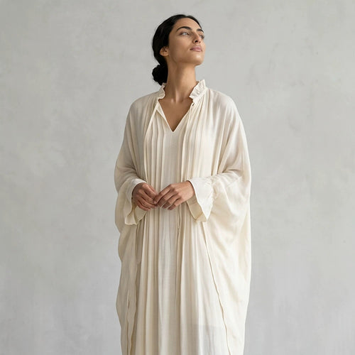 Women's maxi dress in kaftan style with ruffled collar, tie straps, and voluminous sleeves Amarae