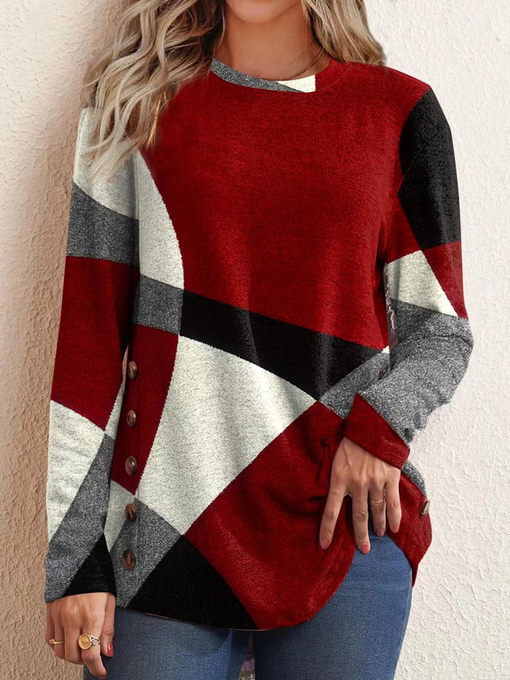 Women's fine knit sweater with geometric color block and decorative buttons Amarae