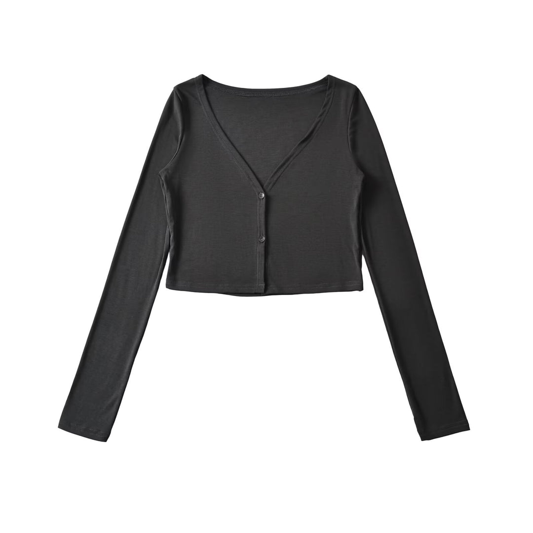 Women Cropped Jersey Cardigan with Deep V-Neck and Narrow Button Placket Amarae