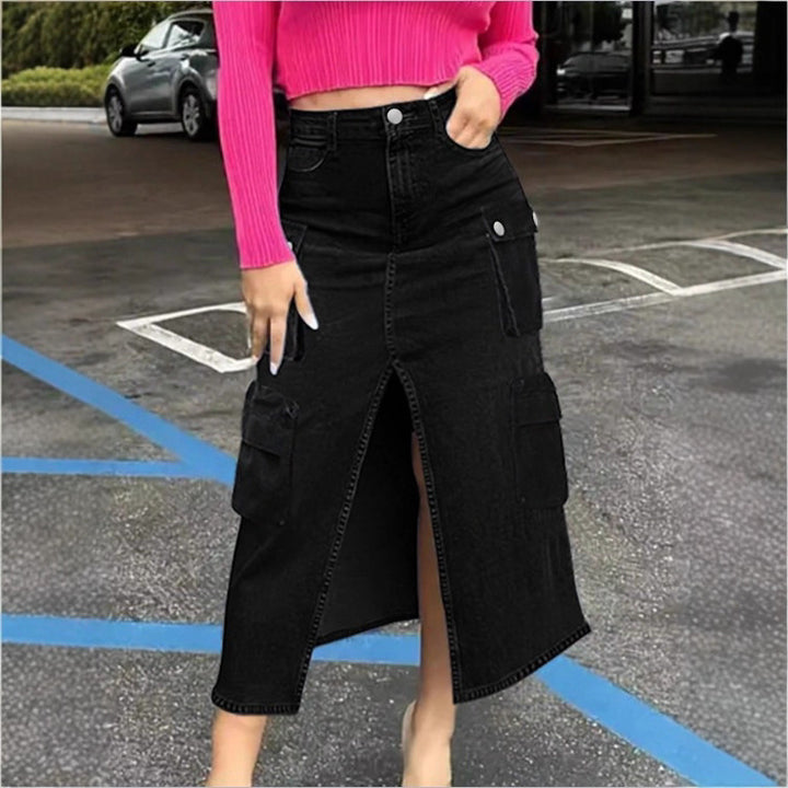 Women's cargo jeans midi skirt with front slit and patch cargo pockets Amarae