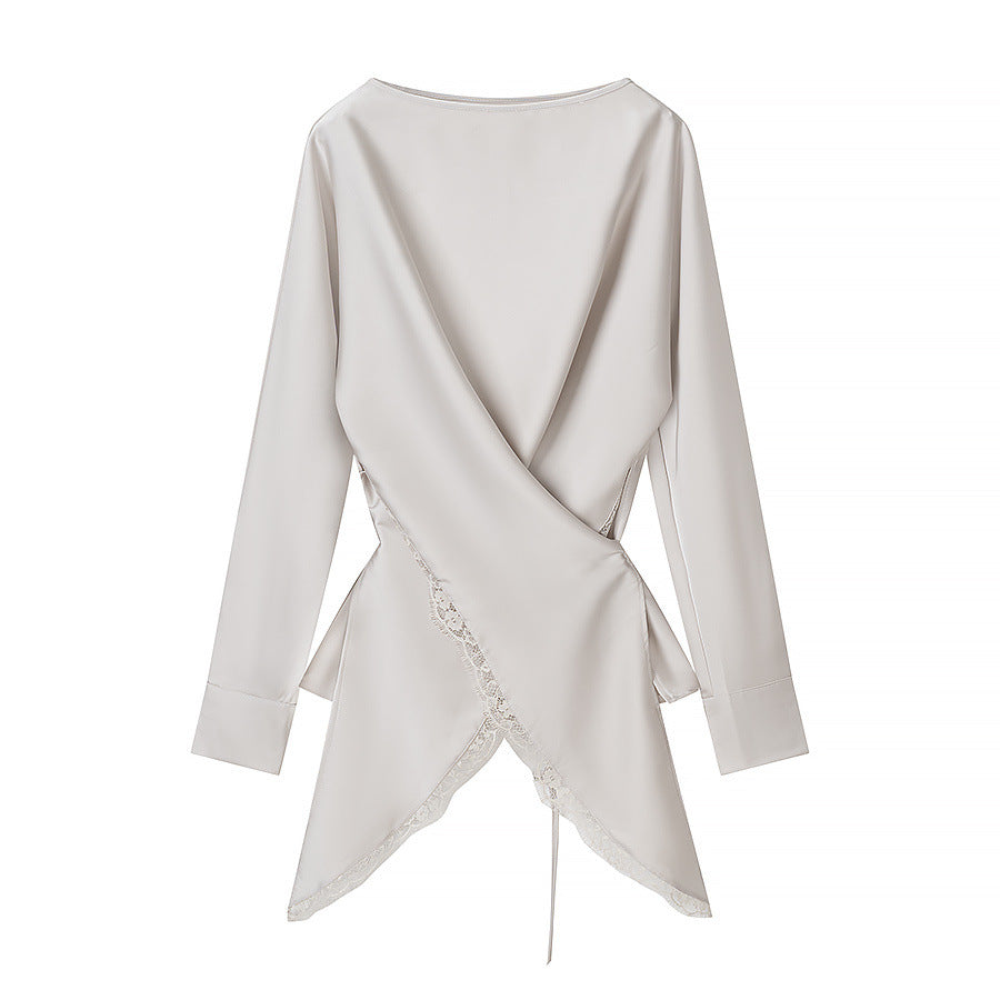 Women's Two-Piece Satin Set with Wrap Blouse and Midi Skirt with Lace Trim Amarae
