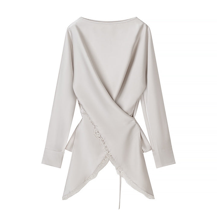 Women's Two-Piece Satin Set with Wrap Blouse and Midi Skirt with Lace Trim Amarae