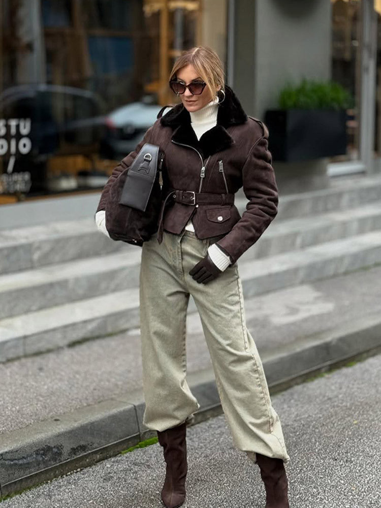 Women's short jacket in biker style made of faux suede with teddy lining and belted waist Amarae