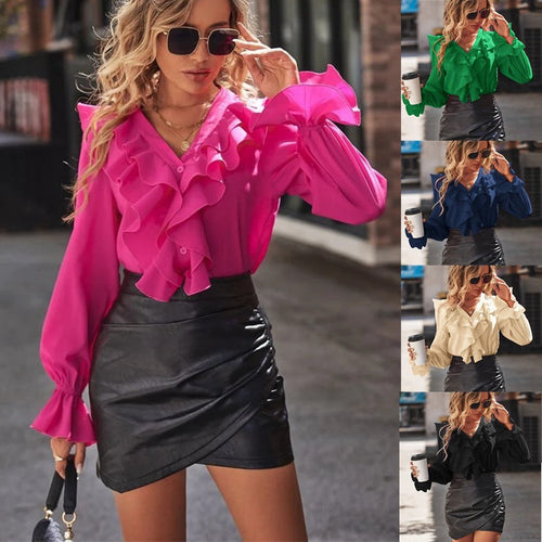 Women's blouse with voluminous ruffle details and elegant V-neck Amarae