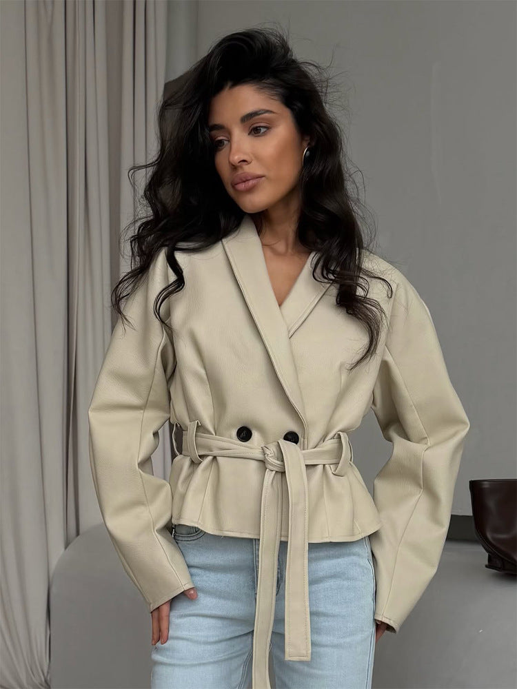 Women's Tailored Faux Leather Jacket with Peplum, Belt & Shawl Collar Amarae