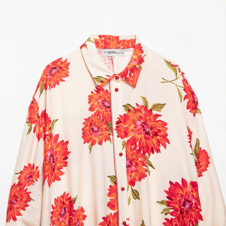 Women's oversized shirt blouse with large floral print, lapel collar and continuous button placket Amarae