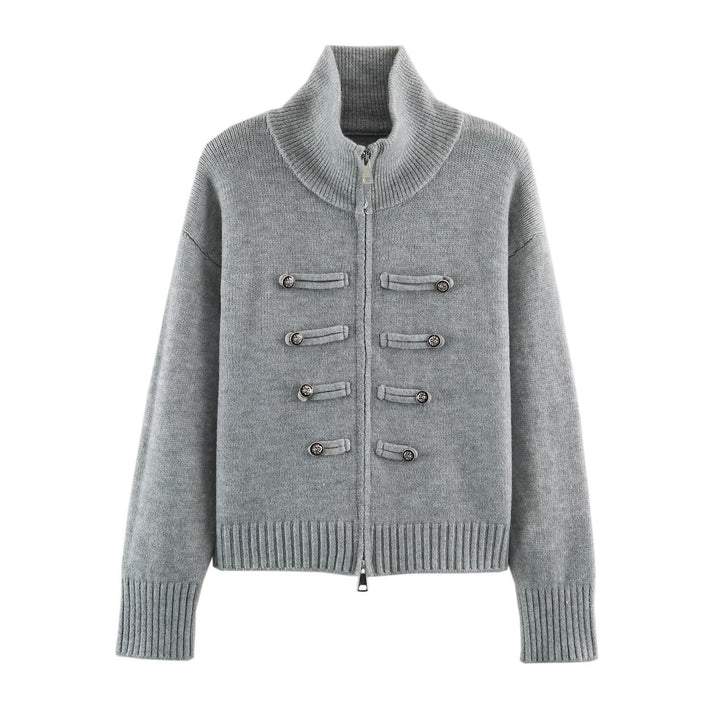 Women's cardigan with zipper, high stand-up collar, and decorative button plackets Amarae
