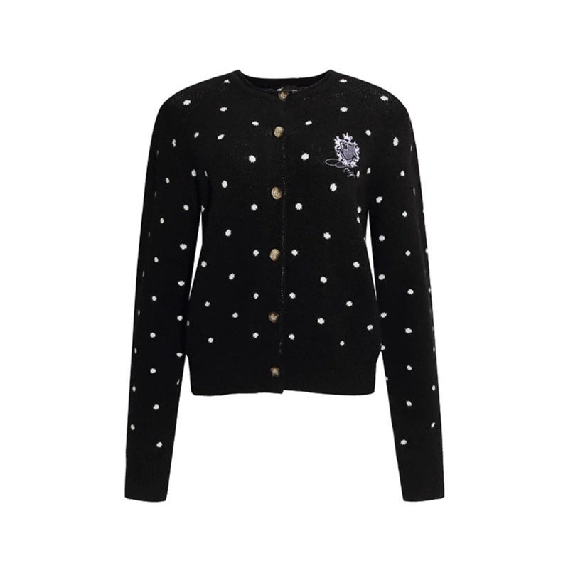 Women's knit cardigan with round neck, polka dot jacquard and decorative badge Amarae