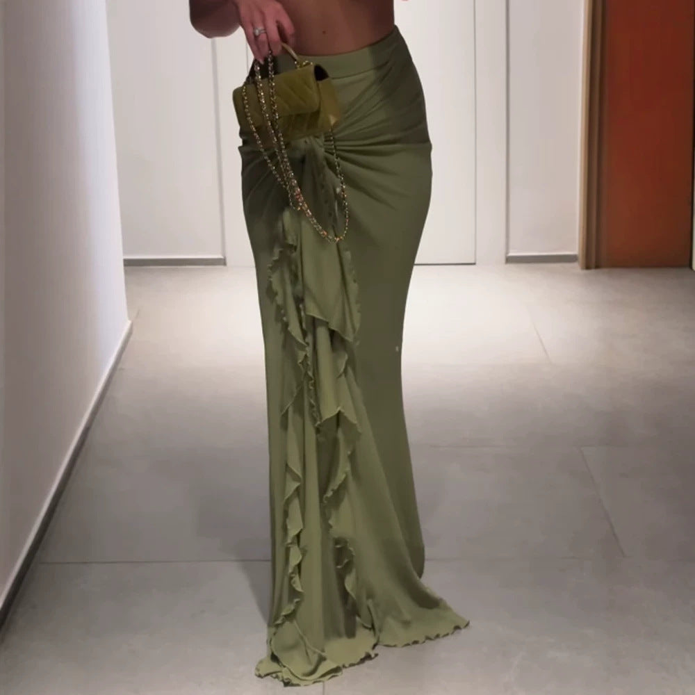 Women's High-Waisted Maxi Skirt with Asymmetrical Gathering, Knot Detail, and Ruffle Slit Amarae