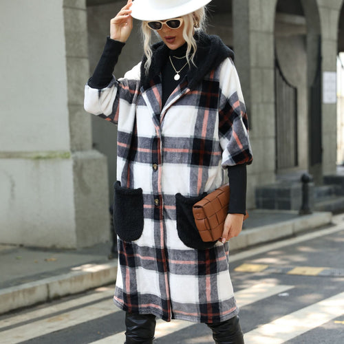 Ladies Plaid Plush Jacket with Large Pockets and Casual Chic Design