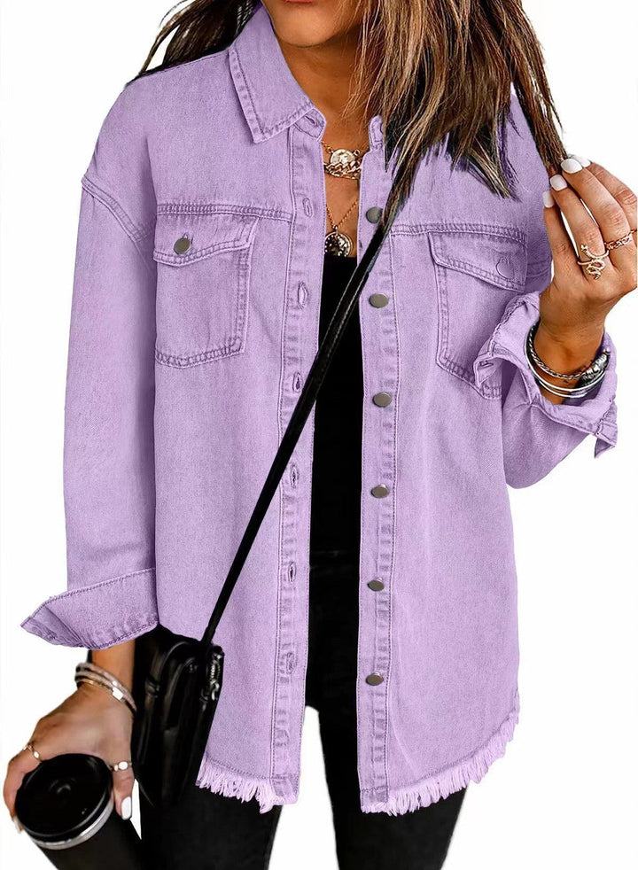 Ladies Denim Overshirt with Fringed Hem and Chest Pockets Lune London