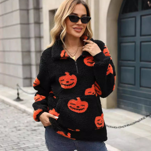Women’s plush sweater with Halloween pattern and handy pockets Amarae