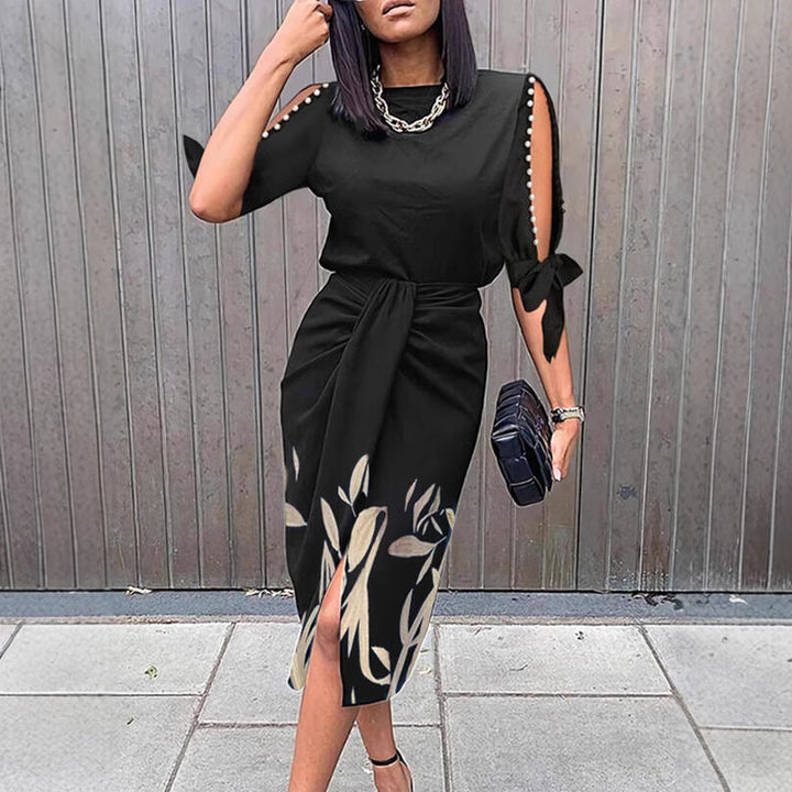 Mid-length dress for women with floral details and an elegant slit Lune London