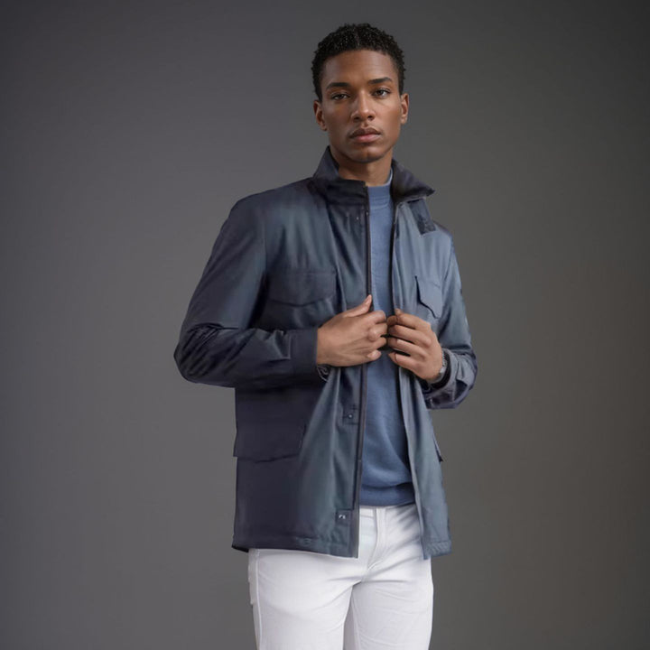 Practical transitional jacket for men with high collar and applied pockets Lune London