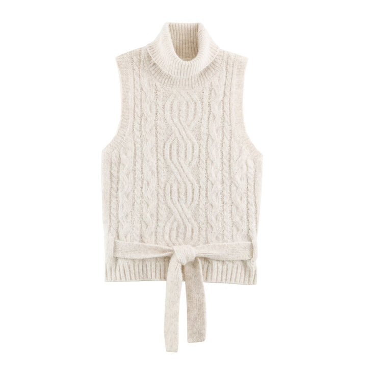 Women's Sleeveless Cable Knit Vest with Roll Neck and Ties Amarae