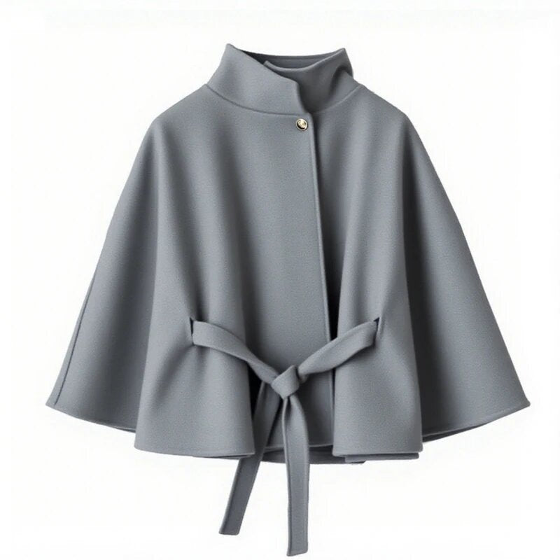 Elegant women's coat with hood, tie belt and high collar Lune London