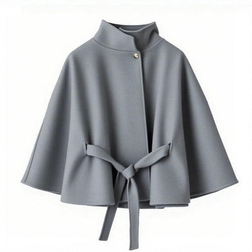 Elegant women's coat with hood, tie belt and high collar Amarae