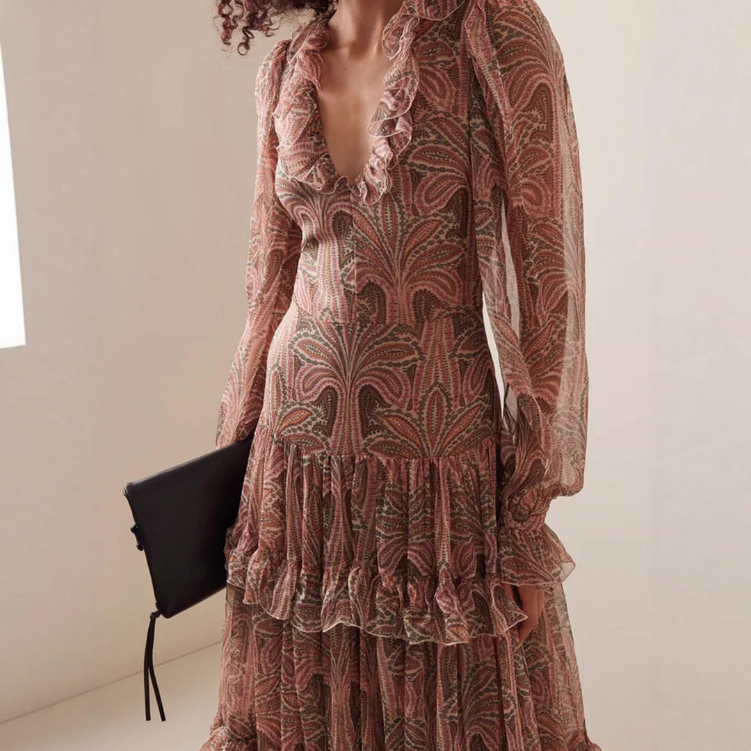 Maxi dress for women with ruffled fabric and elegant V-neck Lune London