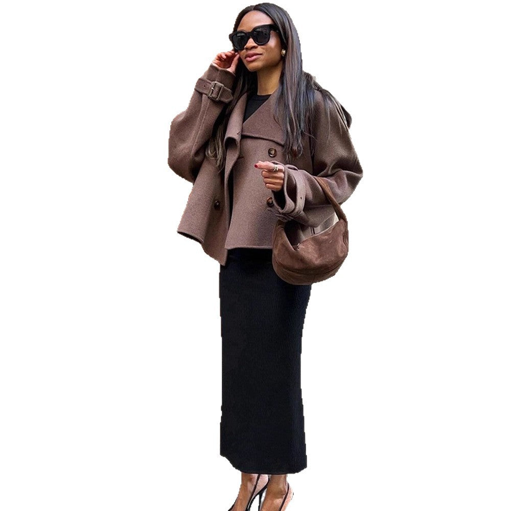 Women's Short Double-Breasted Wool Blend Peacoat with Dropped Shoulders and Epaulettes Amarae