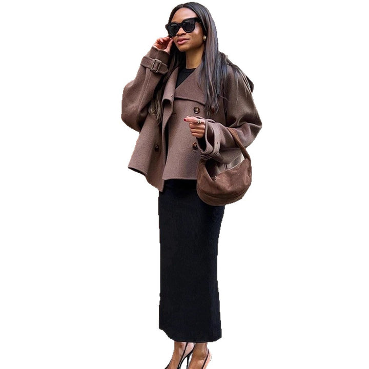 Women's Short Double-Breasted Wool Blend Peacoat with Dropped Shoulders and Epaulettes Amarae