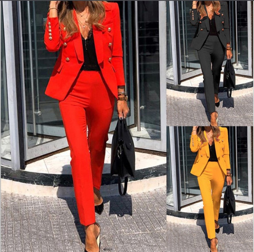 Women's tailored pantsuit with double-breasted button blazer and slim trousers Amarae