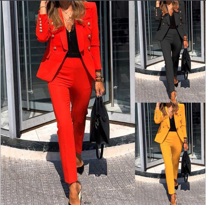 Women's tailored pantsuit with double-breasted button blazer and slim trousers Amarae