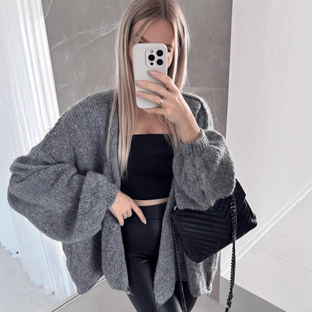 Women's Oversize Knit Cardigan with Voluminous Balloon Sleeves and Teddy-like Texture Amarae
