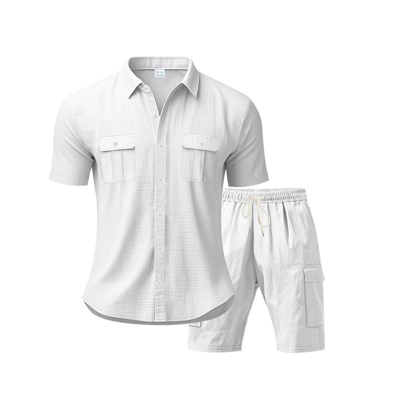 H men's casual short sleeve shirt and chic cargo shorts outfit