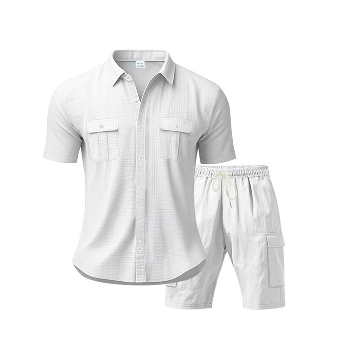 H men's casual short sleeve shirt and chic cargo shorts outfit