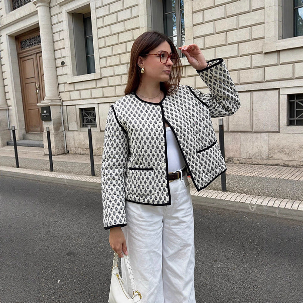 Women's Short Boxy Quilted Jacket with Contrast Piping and Round Neckline Amarae