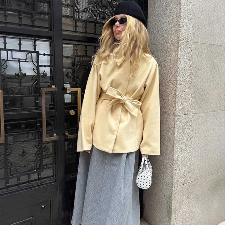 Women Wool Blend Short Jacket with Tying Belt, Boxy Silhouette and Subtle Lapel Amarae