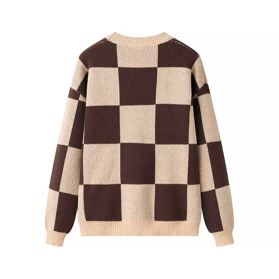 Women's Oversize Knitted Sweater with Distinctive Check Pattern and Ribbed Finishes Amarae