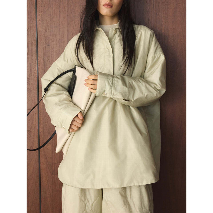 Women's loosely cut quilted oversized shirt jacket with kent collar and concealed button placket Amarae