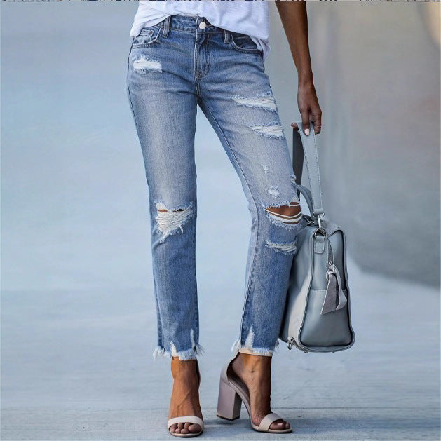 Ladies Casual Cropped Jeans with Distressed Destroy Design, High Waist and Asymmetrical Fringed Hem Amarae