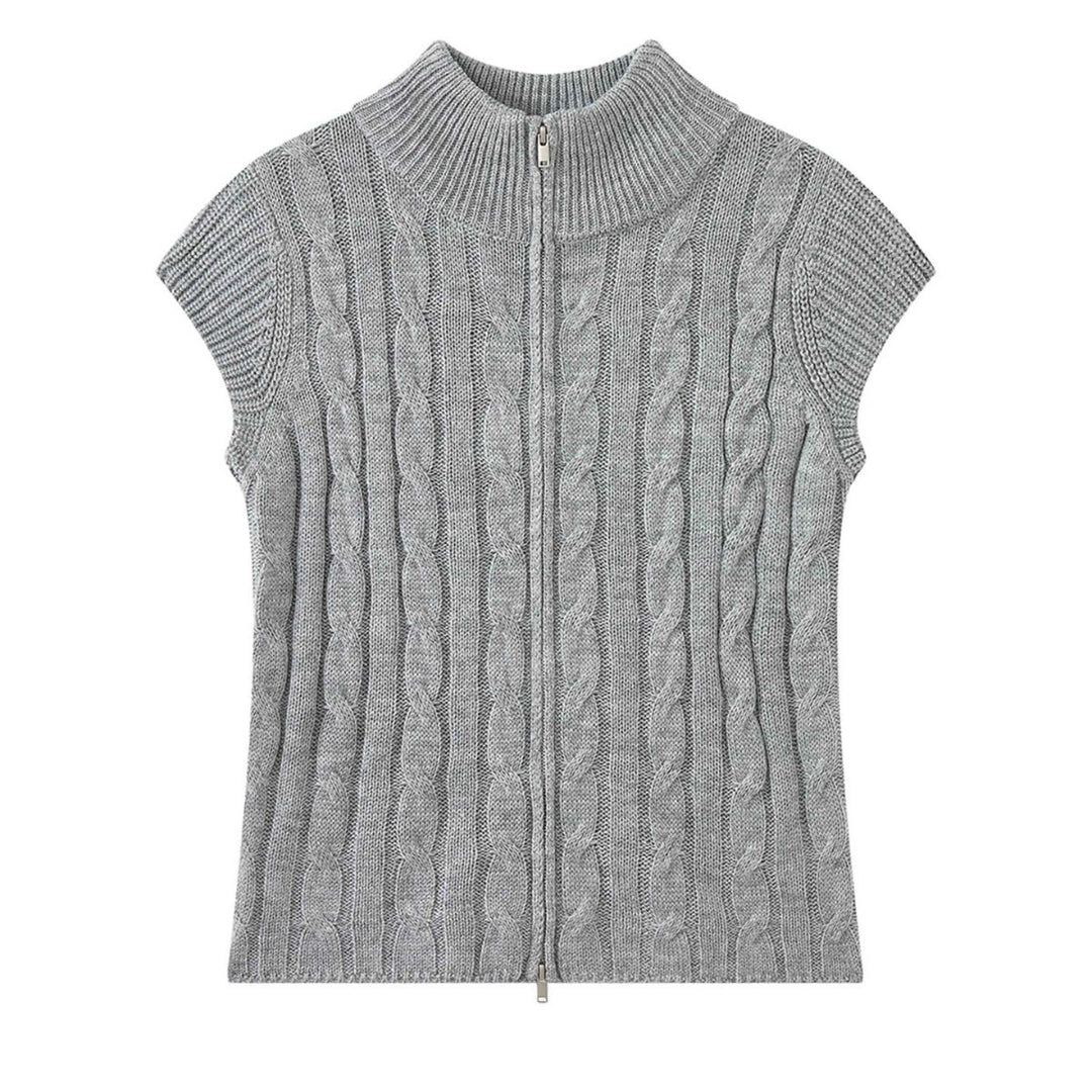 Women Short Cable Knit Zip Vest with Stand-Up Collar and Layering Silhouette Amarae